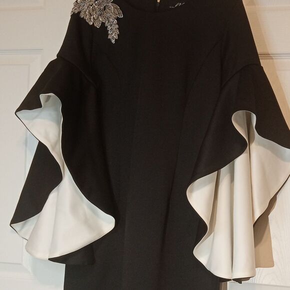 Midnight Velvet Black/ White Contrast Flare Bell Sleeve Sheath Dress Sz M - Picture 9 of 9